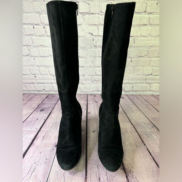 Me Too Classic Minimalist Black Suede Block Heel Tall Knee-High Zip Boots Size 8 - Picture 7 of 13